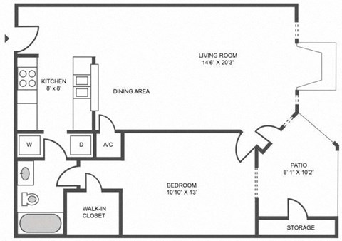 Floor plan for 1 bed, 1 bath, 689 sqft